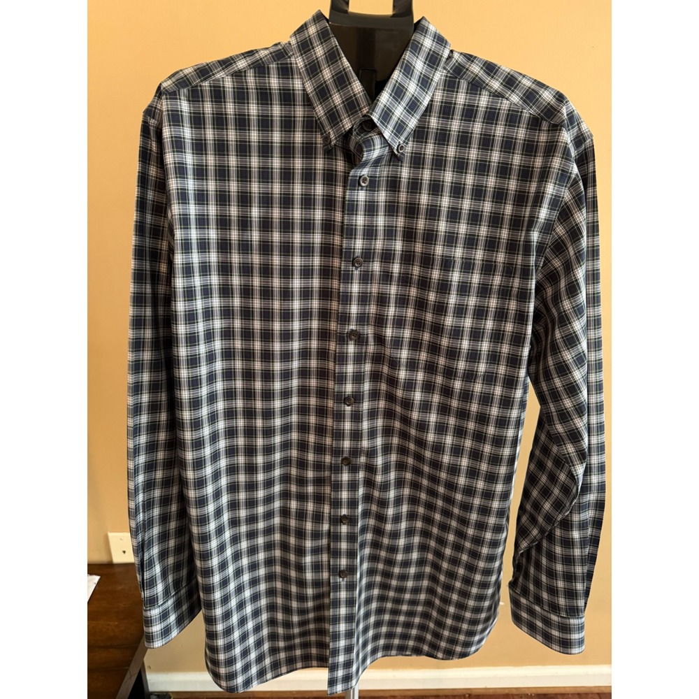 LL Bean Mens Wrinkle Resistant Plaid Button Down Shirt Navy Green L-Tall 0YP39‎